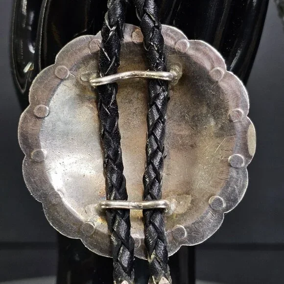 Navajo Turquoise And Coral Sterling Silver Bolo Tie Native American Vintage - Picture 6 of 11